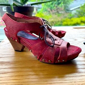 John Fluevog red leather lace up sandals with mid heel